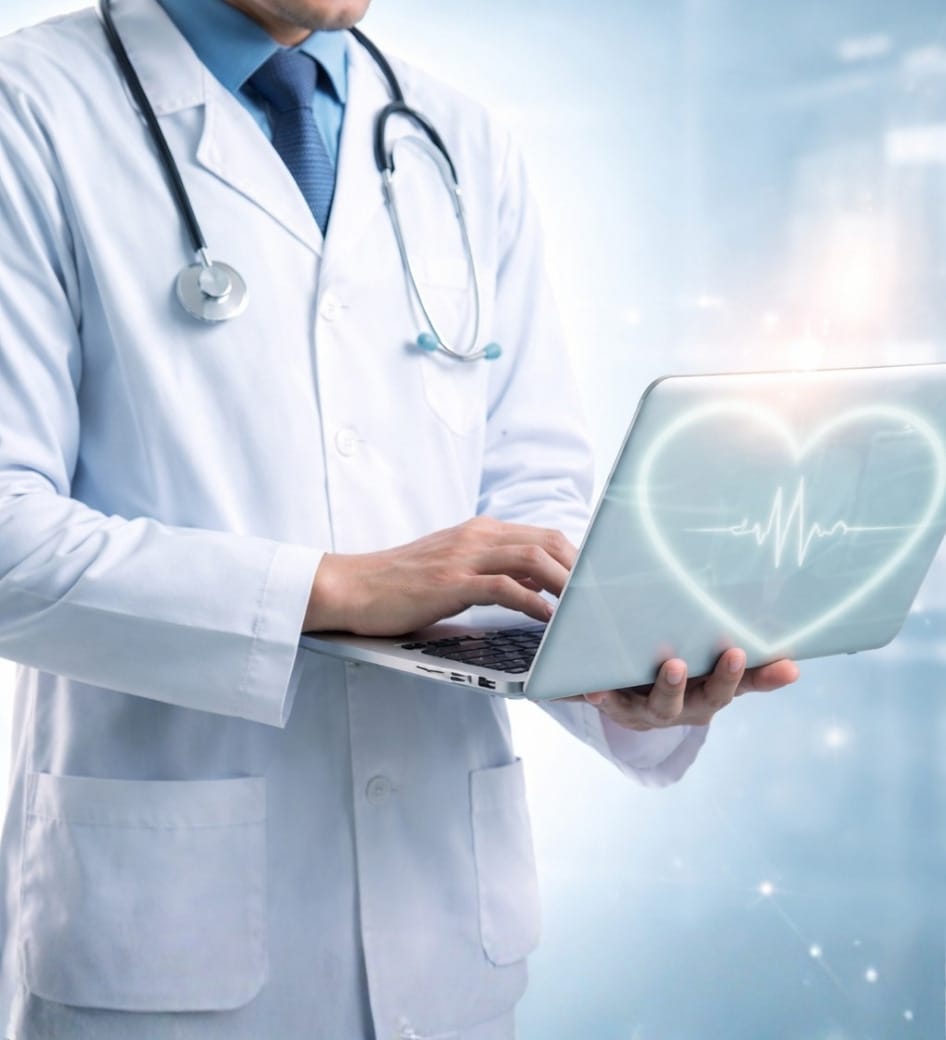 Doctor using laptop for digital healthcare services at Grace Medical Clinic Calgary family practice and walk-in clinic.